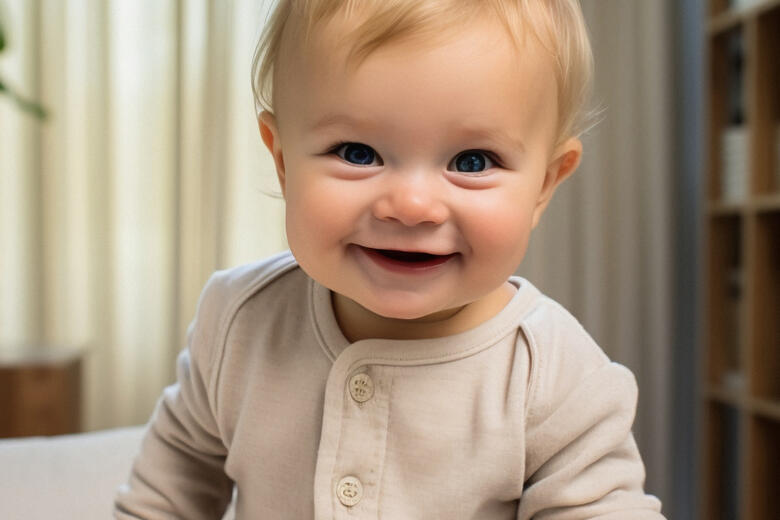 bébé face à la caméra avec un grand sourire